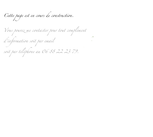 
Cette page est en cours de construction. 
Vous pouvez me contacter pour tout complément 
d’information soit par email martine@carceles.fr 
soit par téléphone au 06 88 22 23 79. 








   